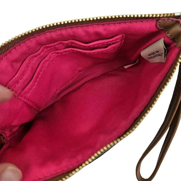 Coach Varsity Large Wristlet Khaki Pink Ruby Stripe Signature C Canvas - Picture 3 of 5